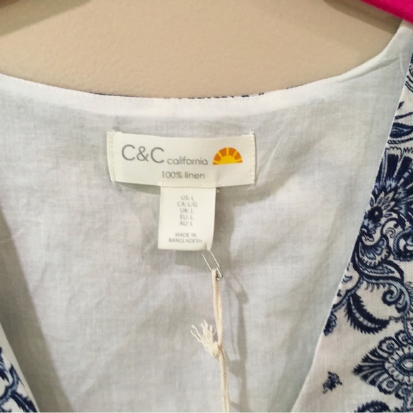 New C&C California Large 100% Linen Cropped Top Blue Paisley Boho Women’s - Picture 5 of 6